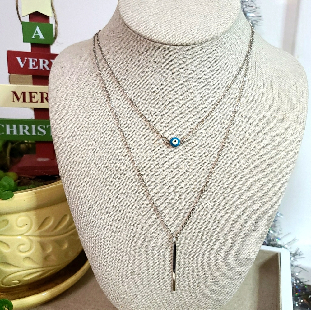 Multi Layer Silver Tone Necklace w/Blue Evil Eye
